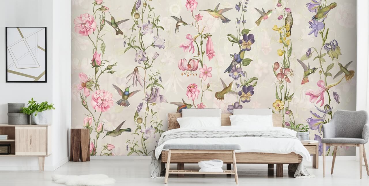 pastel bloemen en vogels behang