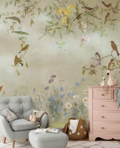 beige och ljusgrön blommig tapetväggmålning kallad Meadow av Marina Stupakova för sovrum beige och ljusgrön blommig tapetväggmålning kallad Meadow av Marina Stupakova för sovrum