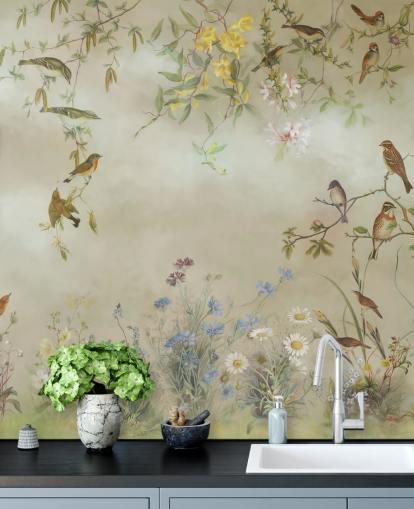 beige and light green floral wallpaper mural called Meadow by Marina Stupakova for bedrooms beige and light green floral wallpaper mural called Meadow by Marina Stupakova for bedrooms