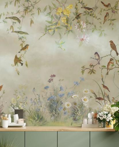 beigefarbene und hellgrüne Blumentapete namens Meadow von Marina Stupakova für Schlafzimmer beigefarbene und hellgrüne Blumentapete namens Meadow von Marina Stupakova für Schlafzimmer