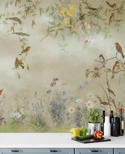 mural de papel de parede floral bege e verde claro chamado Meadow de Marina Stupakova para quartos mural de papel de parede floral bege e verde claro chamado Meadow de Marina Stupakova para quartos