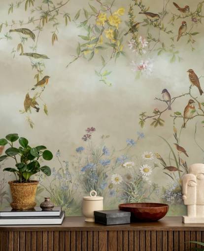 beige og lysegrønn blomstertapet veggmaleri kalt Meadow av Marina Stupakova for soverom beige og lysegrønn blomstertapet veggmaleri kalt Meadow av Marina Stupakova for soverom