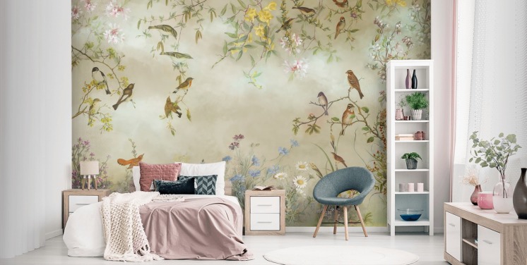 beige en lichtgroene bloemenbehangmuurschildering genaamd Meadow van Marina Stupakova voor slaapkamers