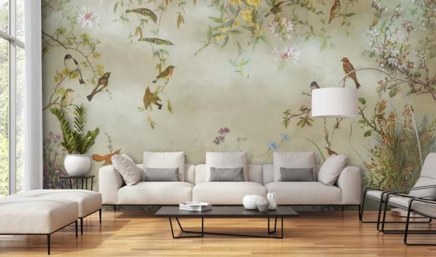 beige en lichtgroene bloemenbehangmuurschildering genaamd Meadow van Marina Stupakova voor slaapkamers