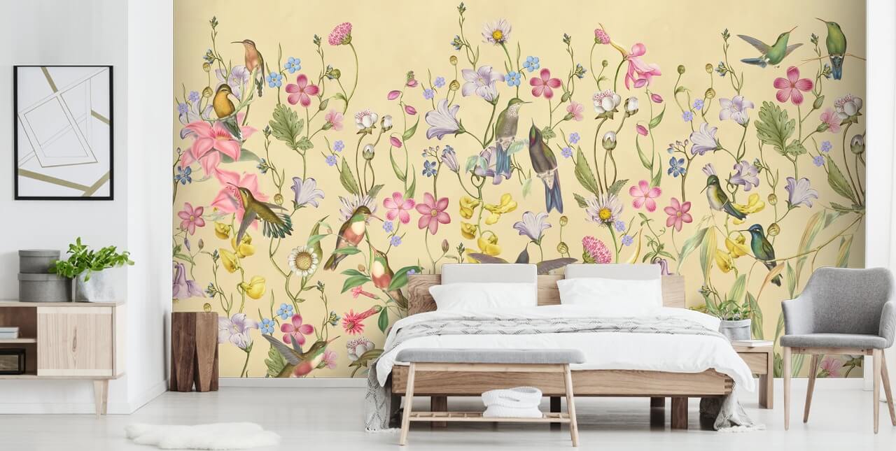 chinoiserie pastell blomster og fugler tapet