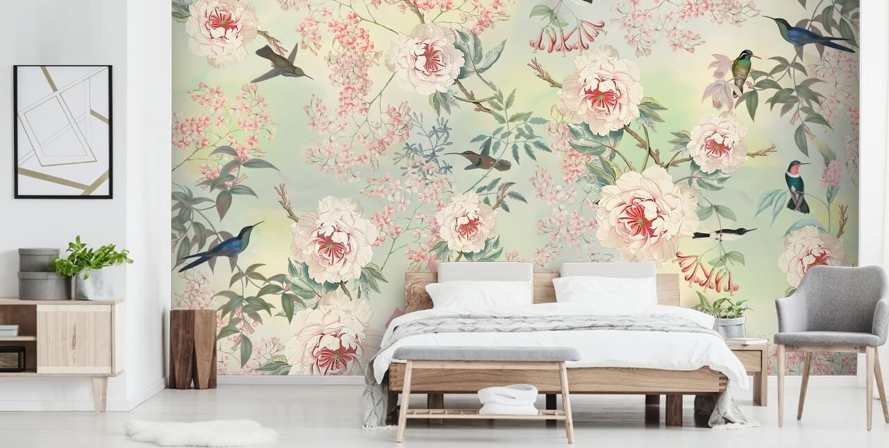 papel de parede de flores e pássaros pastel