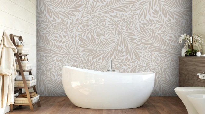 Carta da parati beige con motivo Larkspur di William Morris