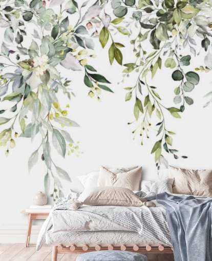 white and green hanging leaves wallpaper mural called Herbal Branch Leaves for dining rooms, bedrooms and living rooms white and green hanging leaves wallpaper mural called Herbal Branch Leaves for dining rooms, bedrooms and living rooms