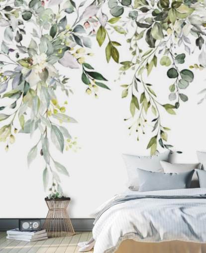 white and green hanging leaves wallpaper mural called Herbal Branch Leaves for dining rooms, bedrooms and living rooms white and green hanging leaves wallpaper mural called Herbal Branch Leaves for dining rooms, bedrooms and living rooms