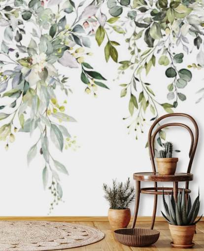 mural de papel pintado con hojas colgantes blancas y verdes llamado Herbal Branch Leaves para comedores, dormitorios y salas de estar mural de papel pintado con hojas colgantes blancas y verdes llamado Herbal Branch Leaves para comedores, dormitorios y salas de estar