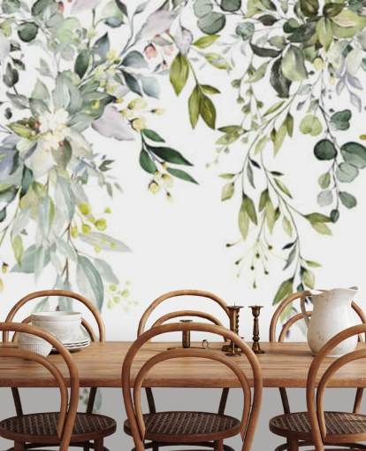 white and green hanging leaves wallpaper mural called Herbal Branch Leaves for dining rooms, bedrooms and living rooms white and green hanging leaves wallpaper mural called Herbal Branch Leaves for dining rooms, bedrooms and living rooms