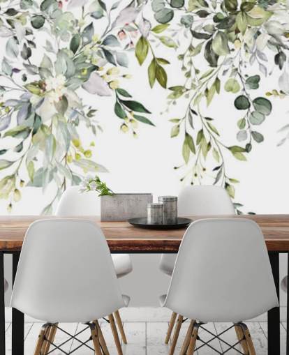 white and green hanging leaves wallpaper mural called Herbal Branch Leaves for dining rooms, bedrooms and living rooms white and green hanging leaves wallpaper mural called Herbal Branch Leaves for dining rooms, bedrooms and living rooms