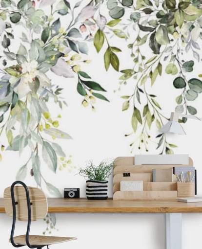 white and green hanging leaves wallpaper mural called Herbal Branch Leaves for dining rooms, bedrooms and living rooms white and green hanging leaves wallpaper mural called Herbal Branch Leaves for dining rooms, bedrooms and living rooms
