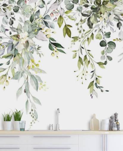 Wandtapete mit weißen und grünen Blättern zum Aufhängen mit dem Titel Herbal Branch Leaves für Esszimmer, Schlafzimmer und Wohnzimmer Wandtapete mit weißen und grünen Blättern zum Aufhängen mit dem Titel Herbal Branch Leaves für Esszimmer, Schlafzimmer und Wohnzimmer