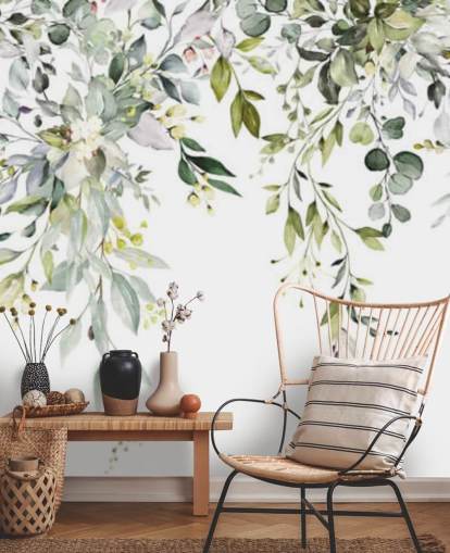 white and green hanging leaves wallpaper mural called Herbal Branch Leaves for dining rooms, bedrooms and living rooms white and green hanging leaves wallpaper mural called Herbal Branch Leaves for dining rooms, bedrooms and living rooms