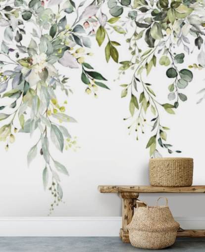 white and green hanging leaves wallpaper mural called Herbal Branch Leaves for dining rooms, bedrooms and living rooms white and green hanging leaves wallpaper mural called Herbal Branch Leaves for dining rooms, bedrooms and living rooms