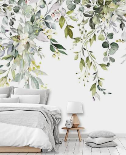 mural de papel de parede de folhas penduradas brancas e verdes chamado Herbal Branch Leaves para salas de jantar, quartos e salas de estar mural de papel de parede de folhas penduradas brancas e verdes chamado Herbal Branch Leaves para salas de jantar, quartos e salas de estar