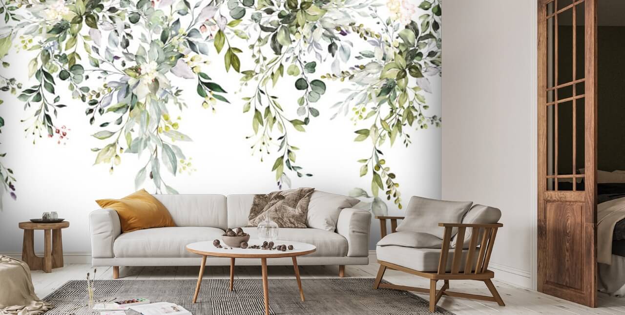 Herbal Branch Leaves Wall Mural | Wallsauce UK