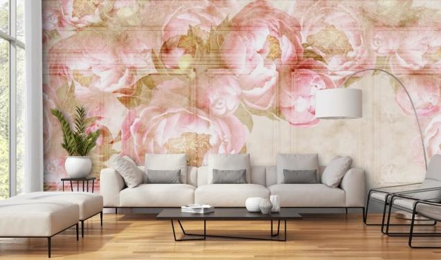 pink flowers over beige panelling wallpaper