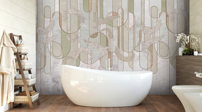neutrale, beige und salbeigrüne Art Deco Tapete