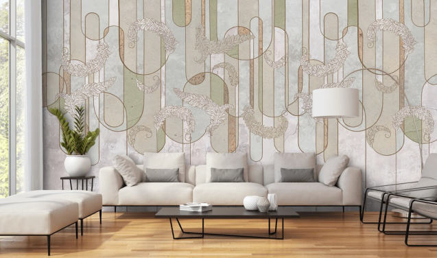 papel de parede art deco bege neutro e verde sálvia