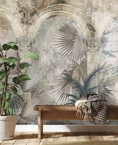 papel pintado de plantas tropicales y pilares antiguos gris oscuro papel pintado de plantas tropicales y pilares antiguos gris oscuro