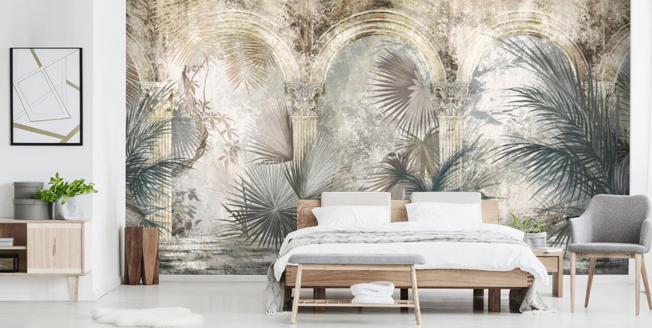 dark grey tropical plants and ancient pillars wallpaper