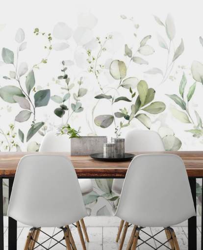 Grün-weißes botanisches Tapeten-Wandbild mit dem Titel Growing Herbs at Wallsauce für Küchen und Wohnzimmer Grün-weißes botanisches Tapeten-Wandbild mit dem Titel Growing Herbs at Wallsauce für Küchen und Wohnzimmer