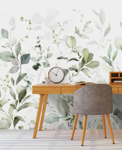 grön och vit botanisk tapetväggmålning kallad Growing Herbs at Wallsauce för kök och vardagsrum grön och vit botanisk tapetväggmålning kallad Growing Herbs at Wallsauce för kök och vardagsrum