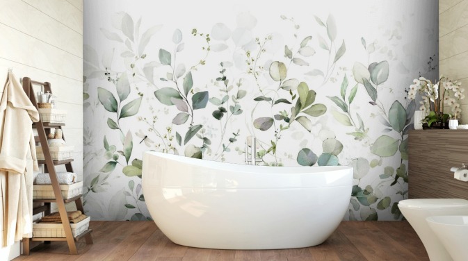 green and white botanical wallpaper mural called Growing Herbs at Wallsauce for kitchens and living rooms