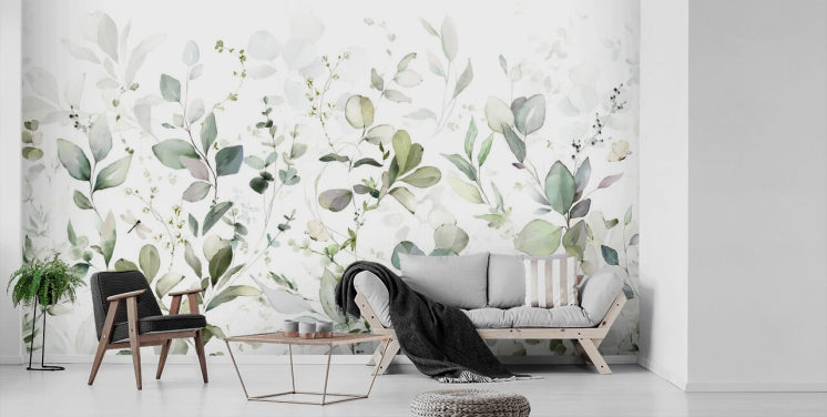 grønt og hvidt botanisk tapetmaleri kaldet Growing Herbs at Wallsauce til køkkener og stuer