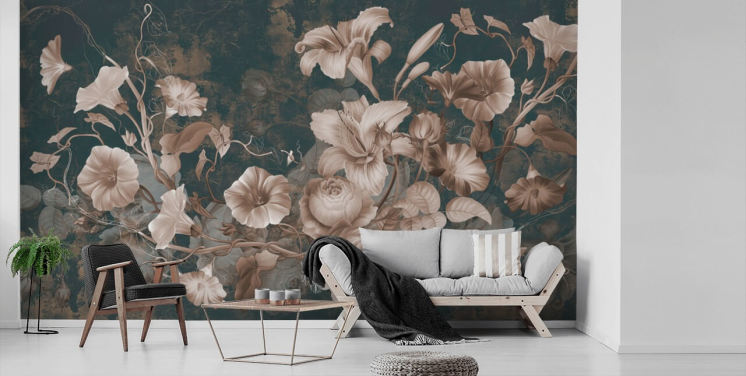 dusty pink flowers against dark background wallpaper