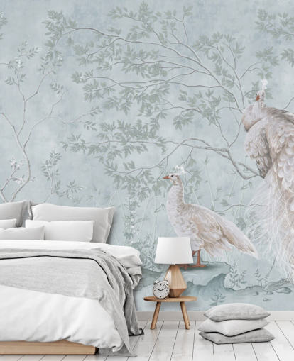 paons blancs contre fond d'écran chinoiserie bleu canard paons blancs contre fond d'écran chinoiserie bleu canard