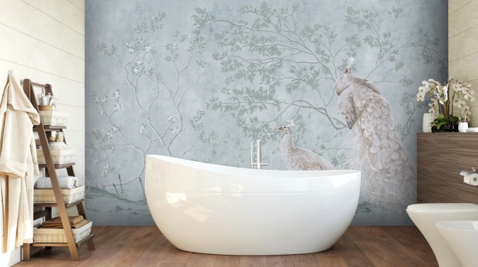 white peacocks against duck egg blue chinoiserie wallpaper