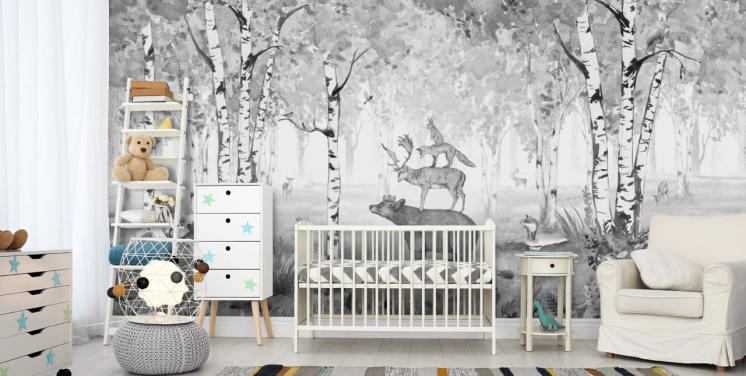 monochrome toned woodland and animals wallpaper