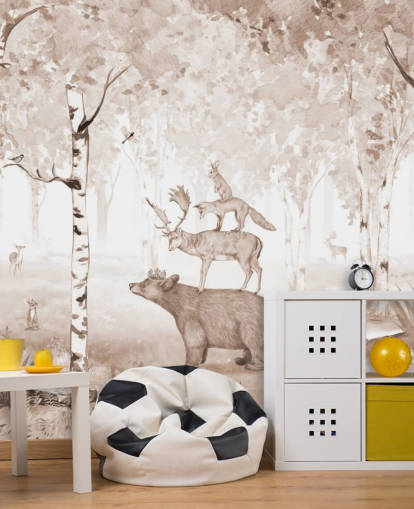 bear, deer, fox and rabbit standing on top of each other in birch tree forest wallpaper bear, deer, fox and rabbit standing on top of each other in birch tree forest wallpaper