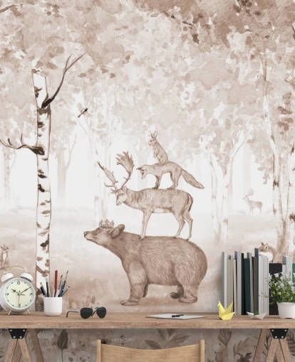 bear, deer, fox and rabbit standing on top of each other in birch tree forest wallpaper bear, deer, fox and rabbit standing on top of each other in birch tree forest wallpaper
