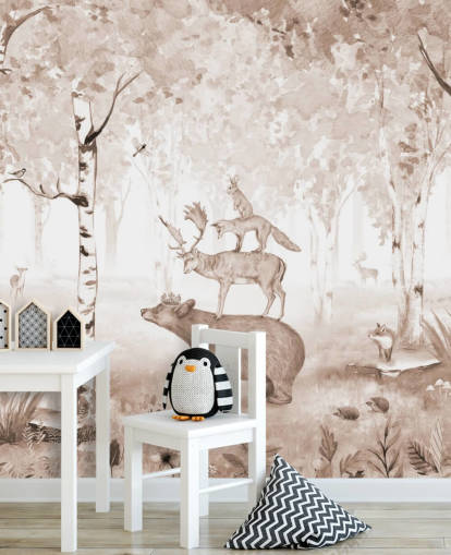 bear, deer, fox and rabbit standing on top of each other in birch tree forest wallpaper bear, deer, fox and rabbit standing on top of each other in birch tree forest wallpaper