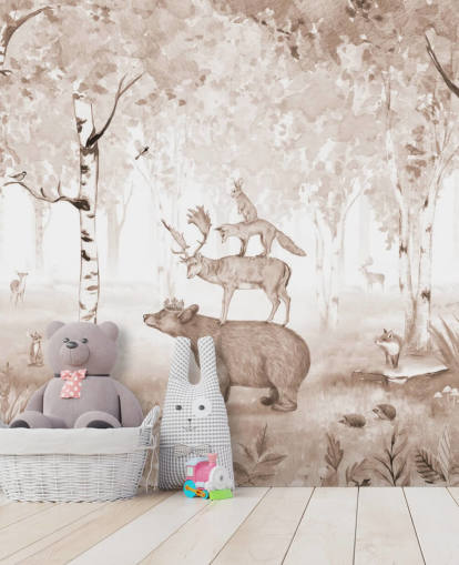 bear, deer, fox and rabbit standing on top of each other in birch tree forest wallpaper bear, deer, fox and rabbit standing on top of each other in birch tree forest wallpaper