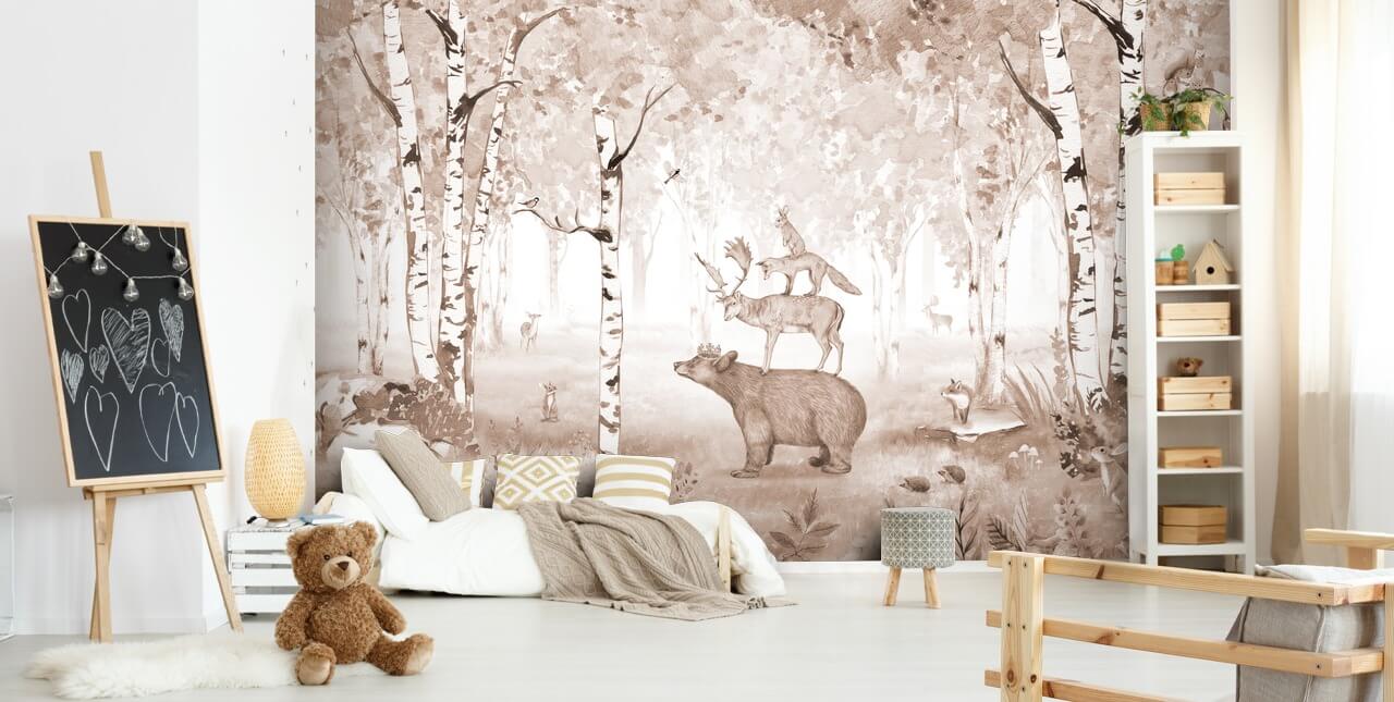 bear, deer, fox and rabbit standing on top of each other in birch tree forest wallpaper bear, deer, fox and rabbit standing on top of each other in birch tree forest wallpaper