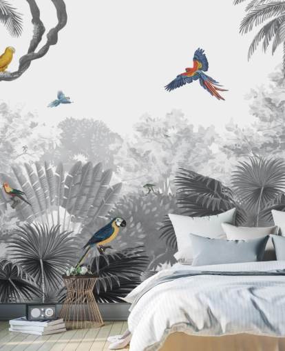 papel de parede de selva preto e branco com pássaros coloridos papel de parede de selva preto e branco com pássaros coloridos