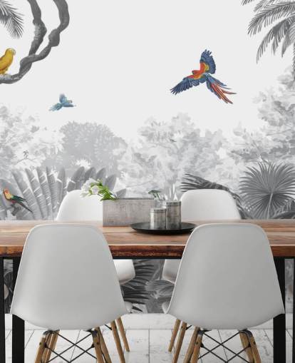 black and white jungle with colourful birds wallpaper black and white jungle with colourful birds wallpaper