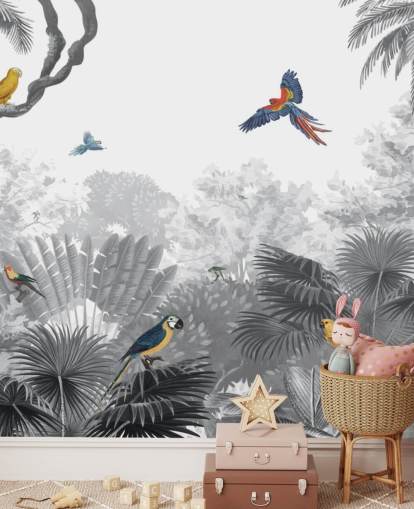 black and white jungle with colourful birds wallpaper black and white jungle with colourful birds wallpaper