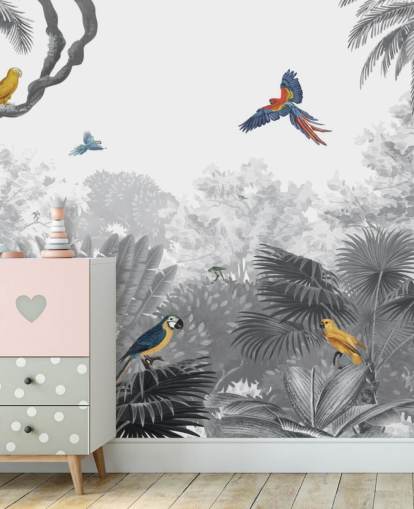 schwarz-weißer Dschungel mit bunter Vogel-Tapete schwarz-weißer Dschungel mit bunter Vogel-Tapete