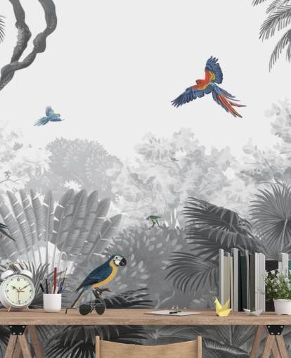 papel de parede de selva preto e branco com pássaros coloridos papel de parede de selva preto e branco com pássaros coloridos
