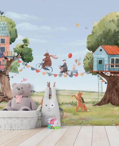 kinderkamerdieren en boomhutten behang kinderkamerdieren en boomhutten behang