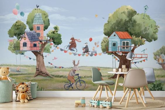 nursery animals and tree houses wallpaper