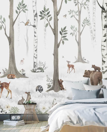 white, black, sage green with woodland animals wallpaper white, black, sage green with woodland animals wallpaper