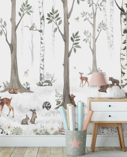 white, black, sage green with woodland animals wallpaper white, black, sage green with woodland animals wallpaper