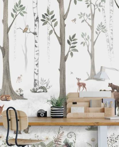 white, black, sage green with woodland animals wallpaper white, black, sage green with woodland animals wallpaper